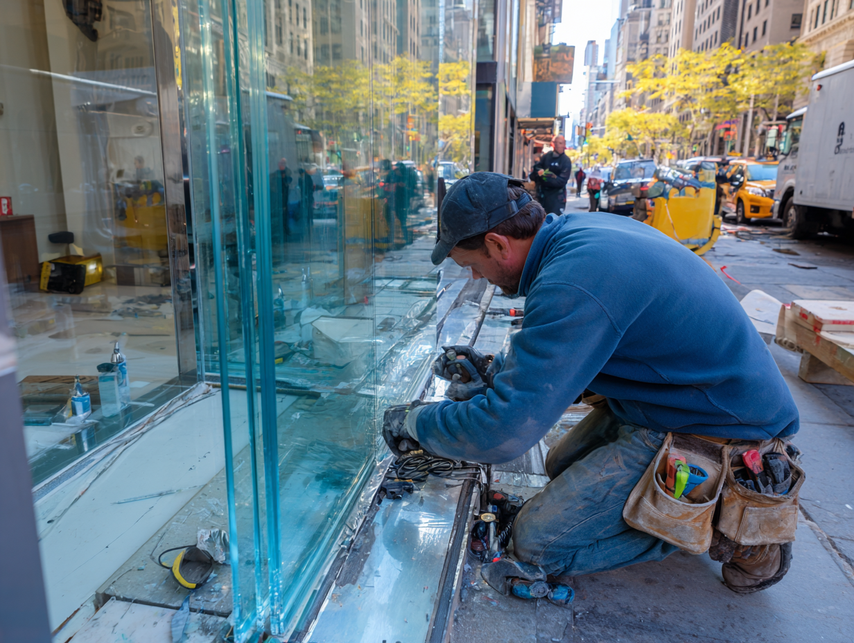 Glass storefront installation NYC – contractor sealing base frame on Manhattan sidewalk
